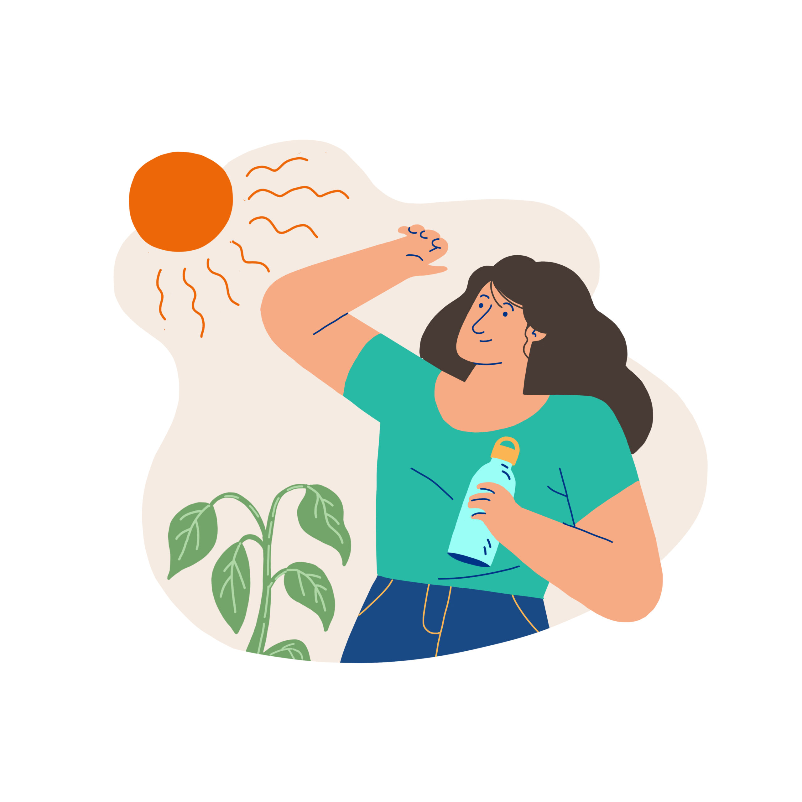 Woman shielding from the sun and drinking water beside a wilting plant during a heatwave