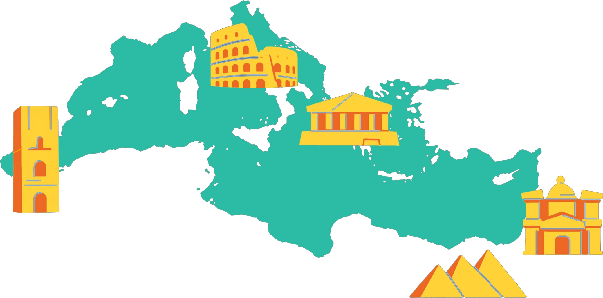 Map of the Mediterranean dotted with cultural landmarks