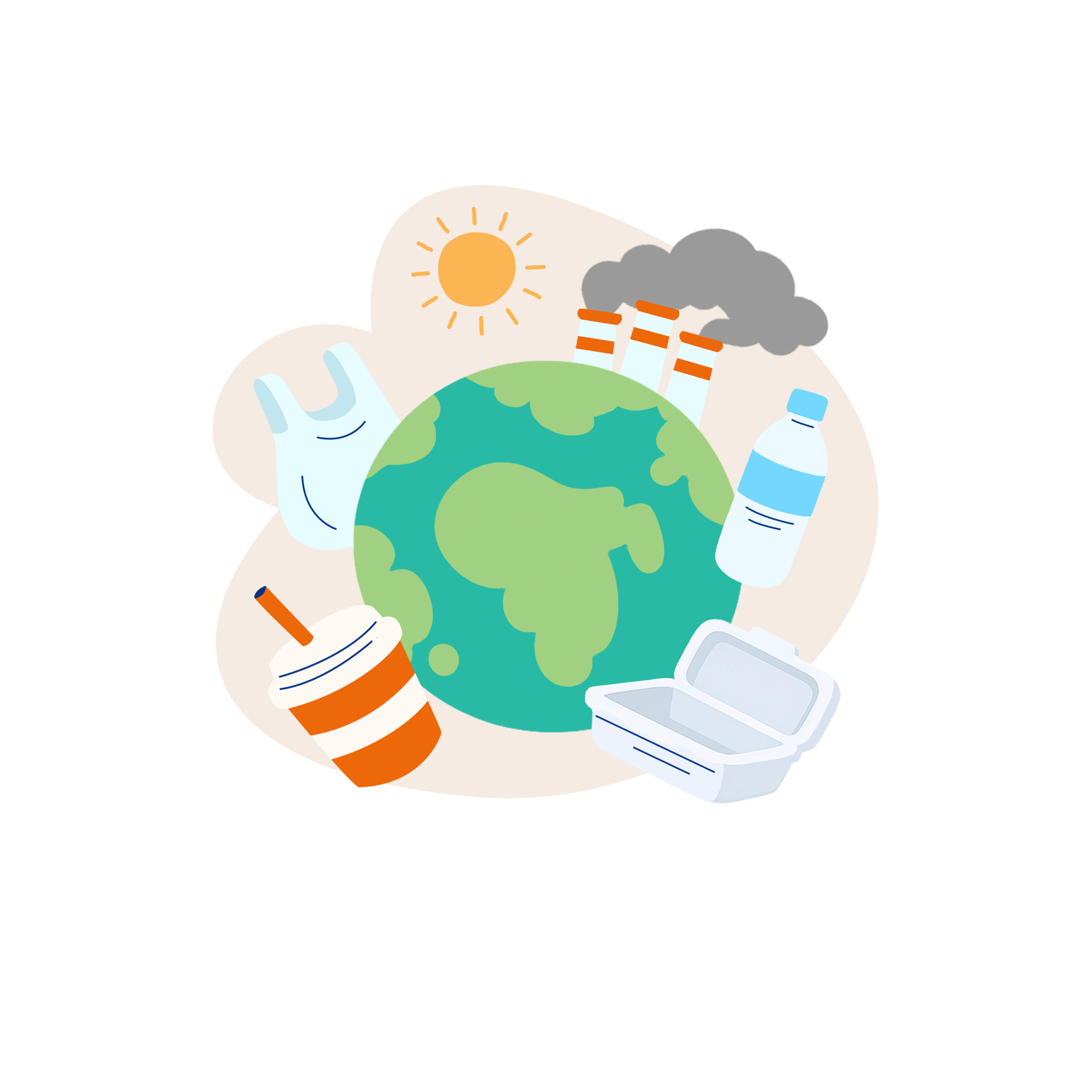 Earth surrounded by single-use plastics — bag, bottle, cup and takeaway box — and factory smokestacks