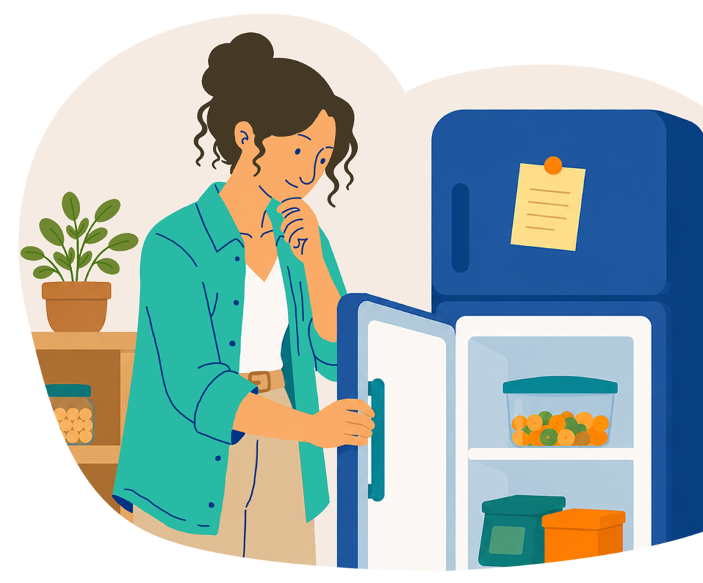 Woman checking her fridge to plan meals and reduce food waste at home