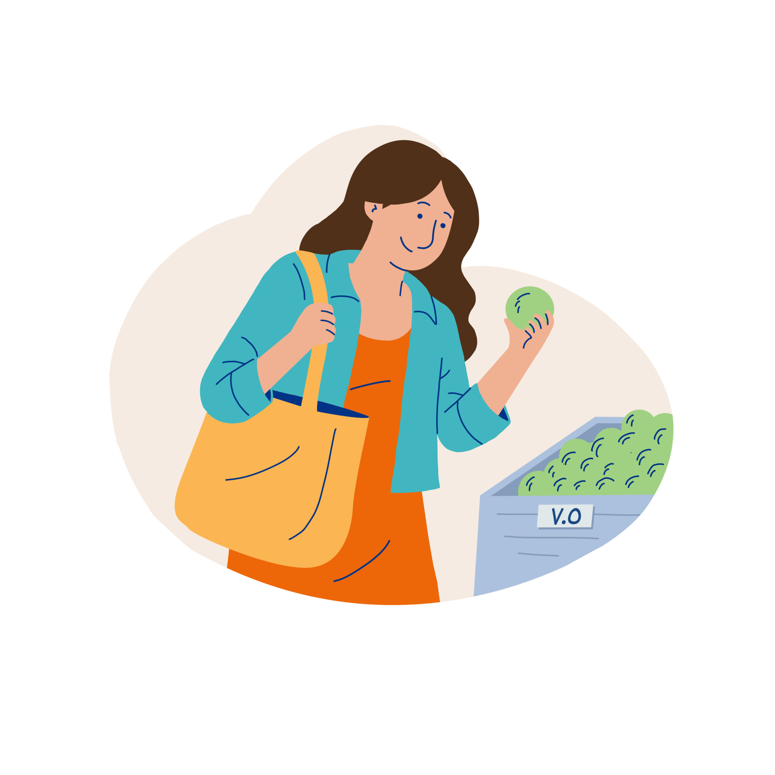A woman shopping with a reusable cloth bag and choosing loose produce instead of plastic packaging