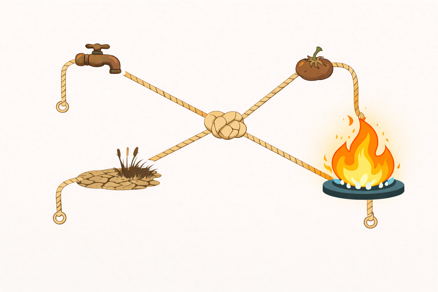 The water, food, energy and nature system under strain — dry tap, withered crop, cracked earth and wildfire
