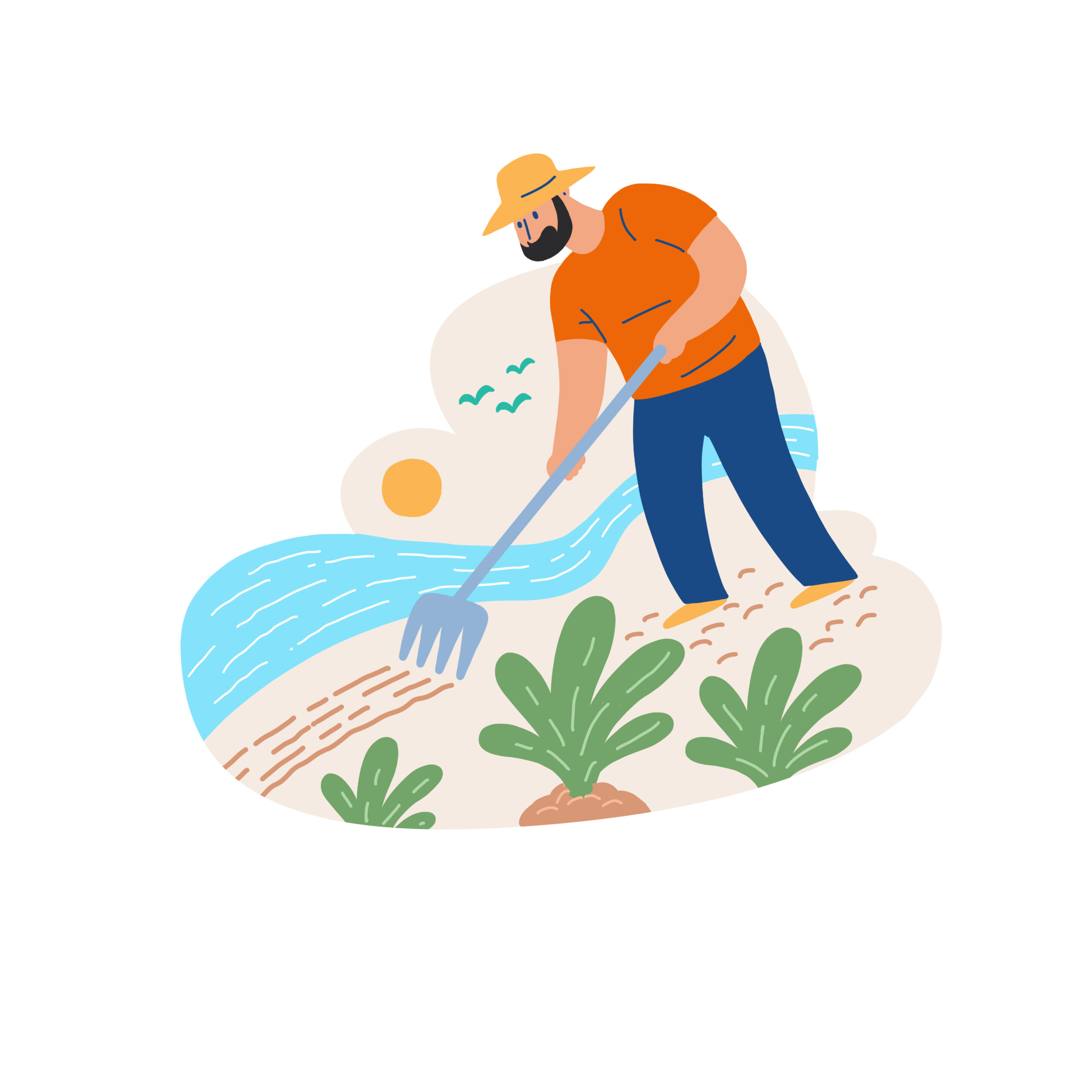 Farmer tending crops beside a stream under the sun in the Mediterranean